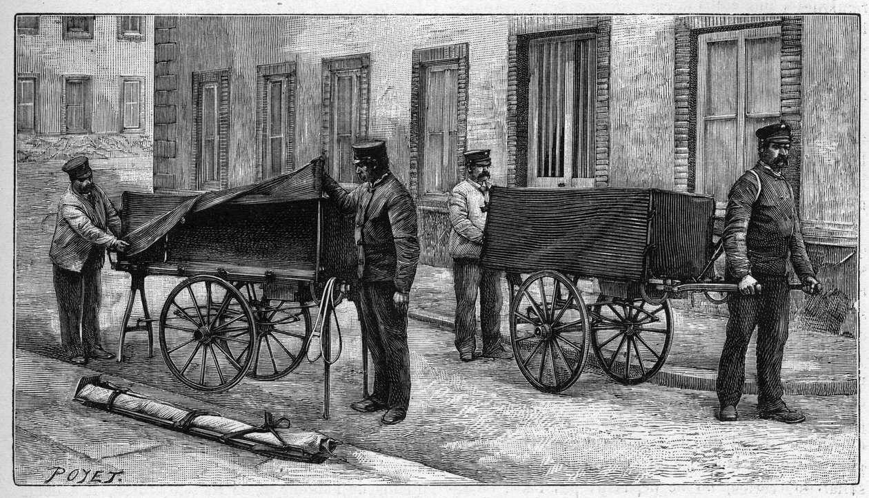 Ligdepoter i Paris: bevæbne biler, der bruges til at transportere lig til depotet. Indgravering i "" La Nature. Revue des sciences et de ses applications aux arts et a l