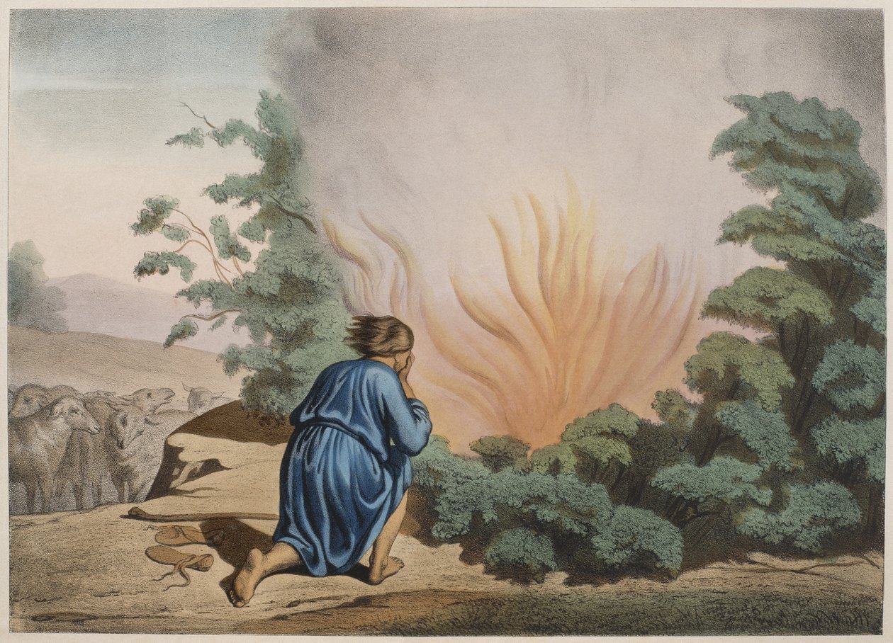 Moses og den brændende busk, illustration fra en katekismus LHistoire Sainte, udgivet af Charles Delagrave, Paris, slutningen af det 19. århundrede af French School