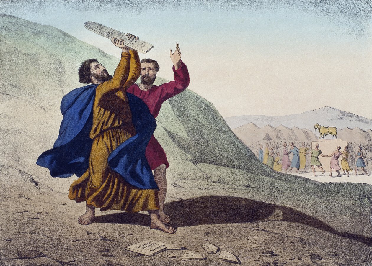 Moses bryder lovens tavler og tilbedelsen af guldkalven, illustration fra en katekismus LHistoire Sainte, udgivet af Charles Delagrave, Paris, slutningen af det 19. århundrede af French School