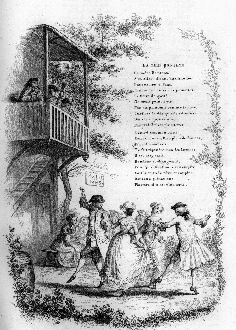 Moder Bontems (Bontemps). Dans af unge par i en landsby med musikere på balkonen. Indgravering i "" Chants et chansons populaire de la France", Tome 2 af French School
