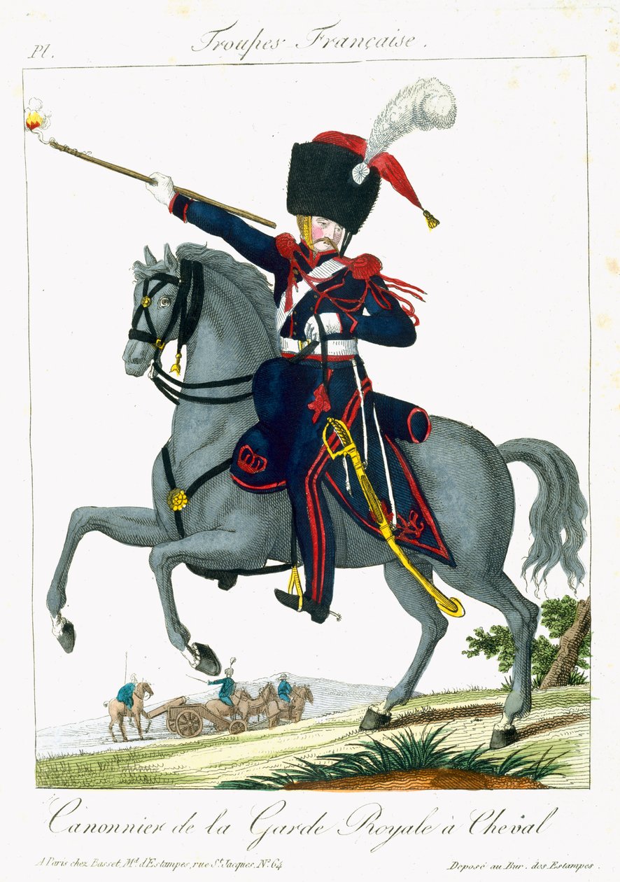 Mounted Cannonier of the Royal Guard, fra Troupes Francaises, pub. hos Basset, Paris, ca. 1790 af French School
