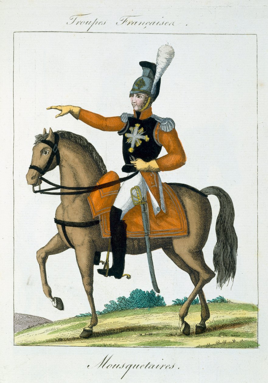 Mounted Musketeer, fra Troupes Francaises, pub. i Basset, Paris, ca. 1790 af French School