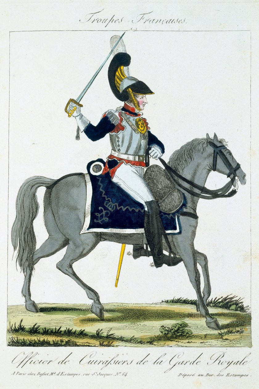 Beredet officer fra den kongelige gardes cuirassiers, fra Troupes Francaises, pub. hos Basset, Paris, ca. 1790 af French School