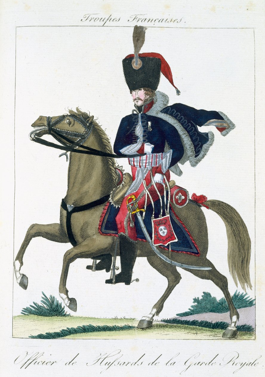 Beridet officer for Husarerne af den kongelige garde, fra Troupes Francaises, pub. hos Basset, Paris, ca. 1790 af French School