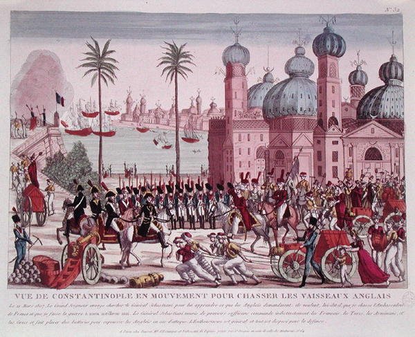 Bevægelse af tropper for at tvinge de engelske fartøjer fra Konstantinopel, 21. marts 1807 (farvet indgravering) af French School