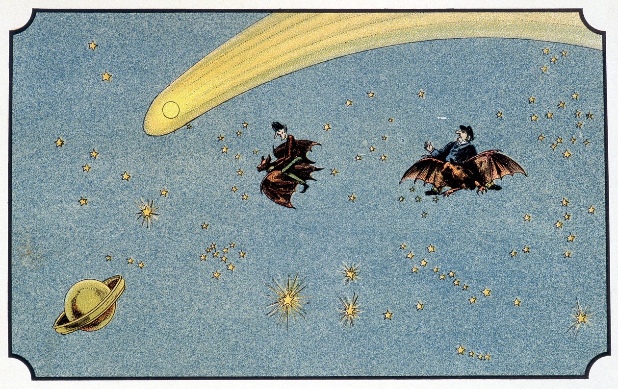 Mr. Baboulifiche og hans tjener Papavoine rider på et flagermus i rummet - i "" Voyage dans la lune"" af A. de Ville-d