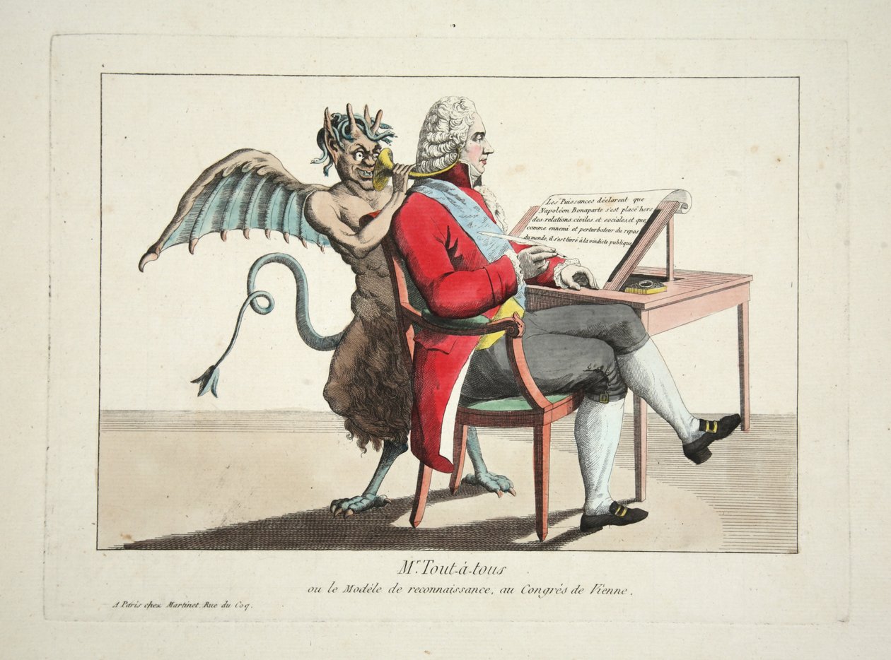 Mr. Tout-a-tous eller anerkendelsesmodellen, på Wienerkongressen, pub. 1815 (farvegravering) af French School