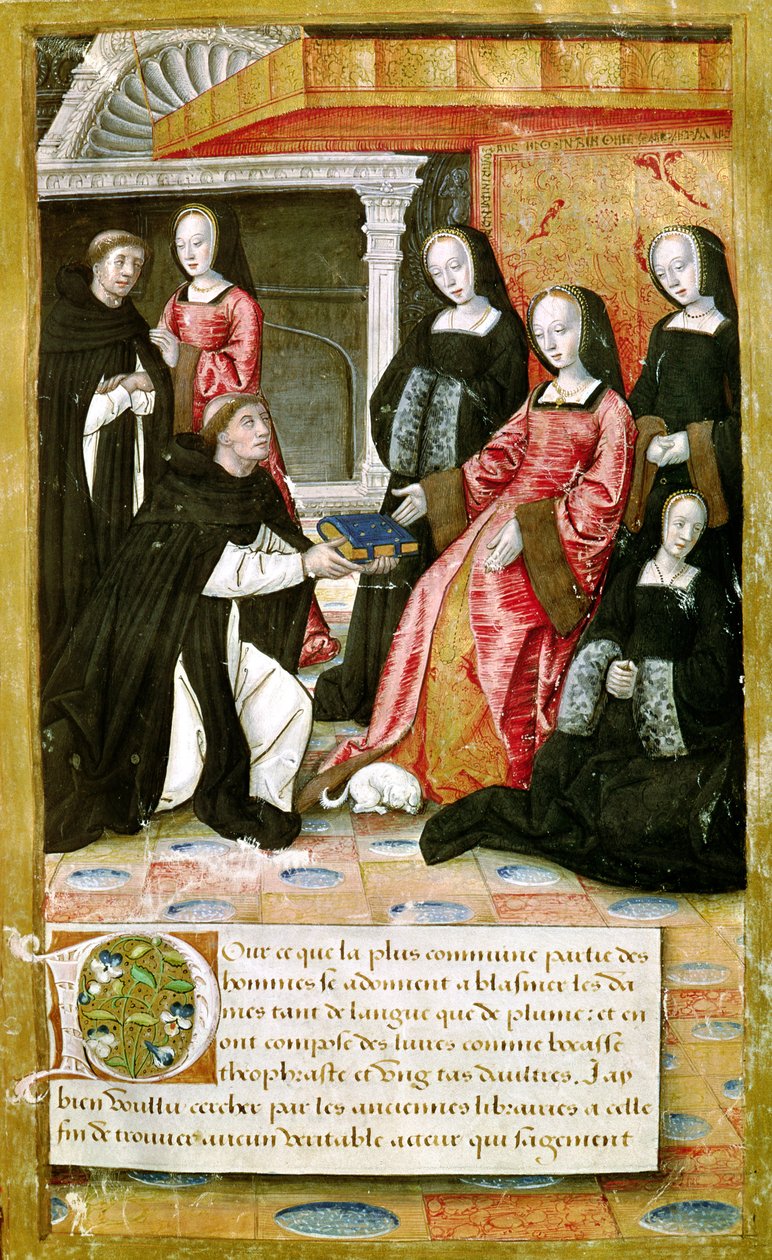 Ms.17 fol.1 Forfatteren tilbyder sin bog til Anne af Bretagne (1477-1514) fra Vie des Femmes Celebres, ca. 1505 af French School