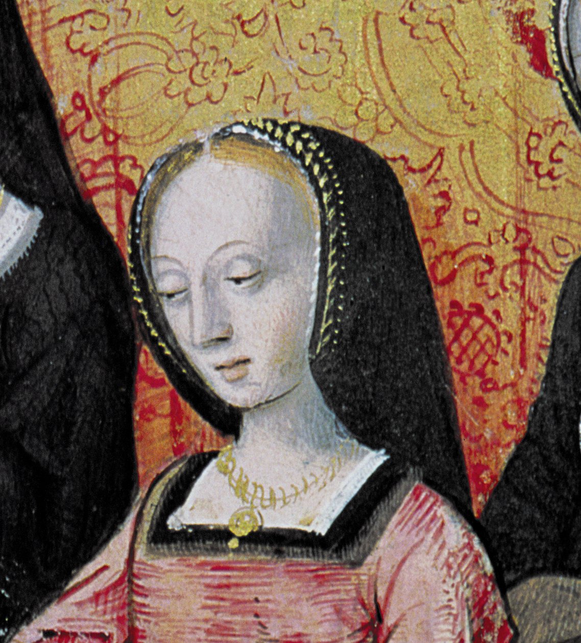 Ms.17 fol.1 Forfatteren tilbyder sin bog til Anne af Bretagne (1477-1514) fra Vie des Femmes Celebres, ca.1505 (detalje af 153785) af French School