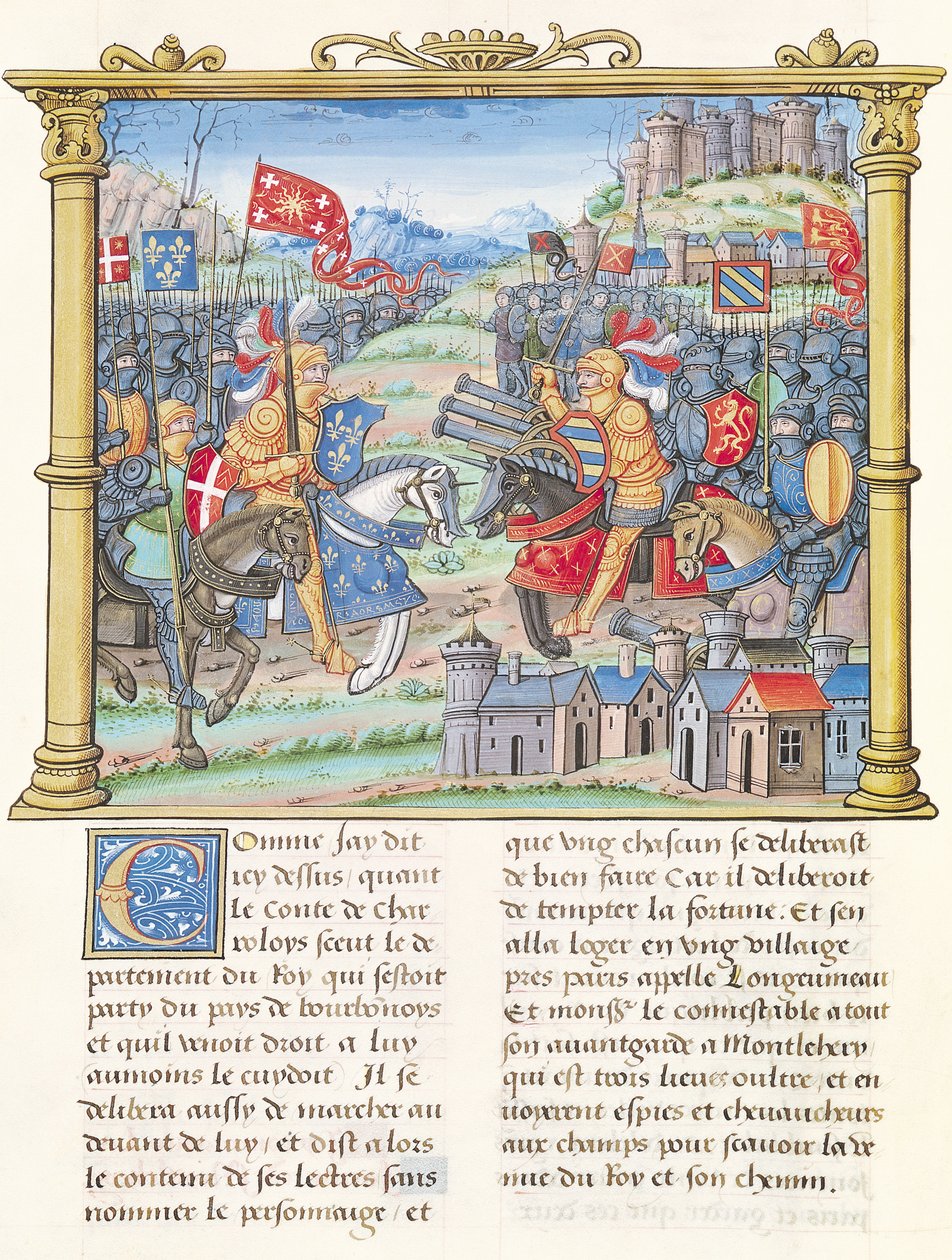 Ms.18 f.7v Slaget ved Montlhery under krigen i League of the Good Public, 14. juli 1465, fra Philippe of Commines