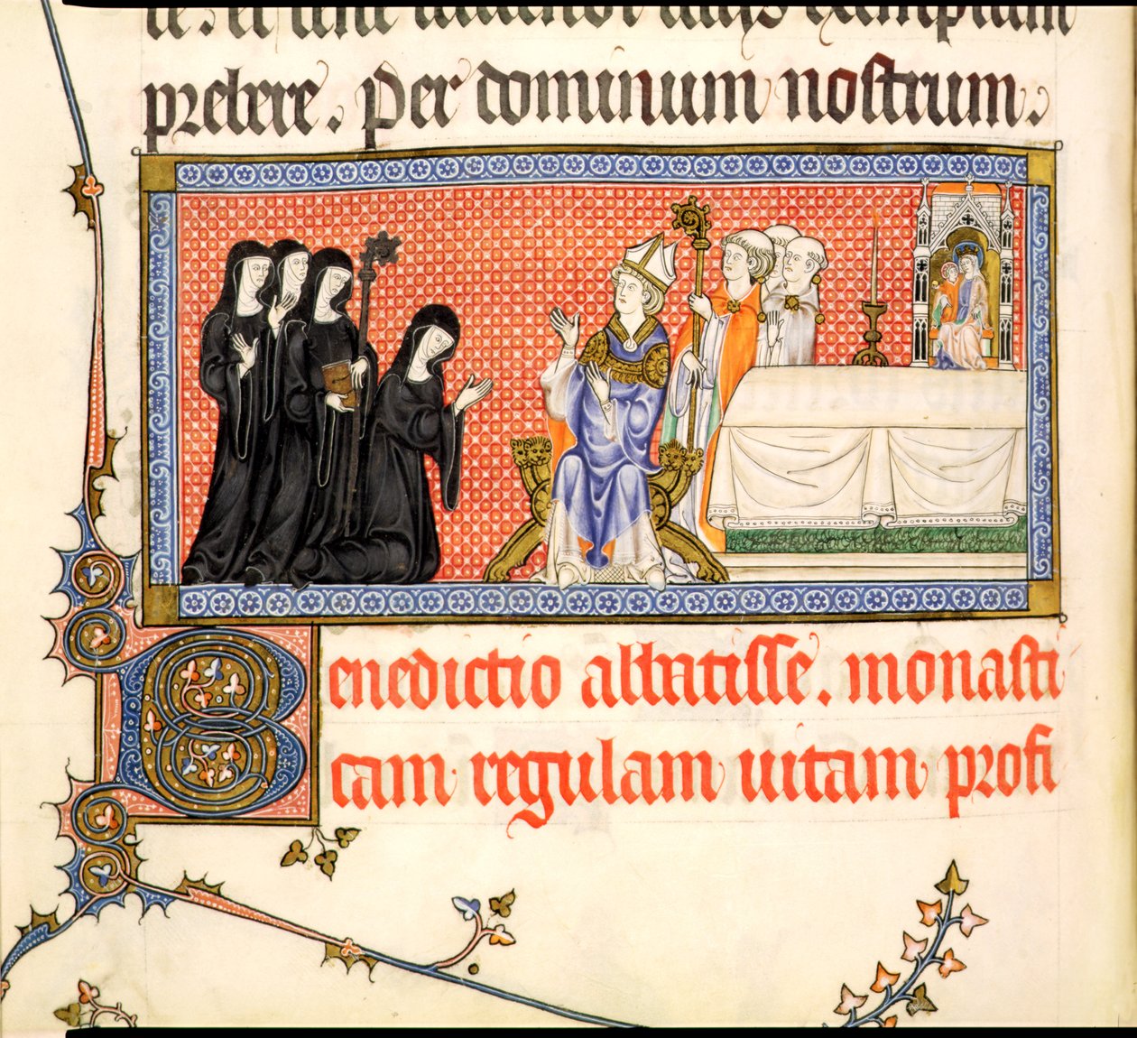 Ms.298 f82v Præsentationen af en Abbedisse, fra Metz Pavekirken, skrevet for Raymond Bar, Biskop af Metz, 1302-16 af French School