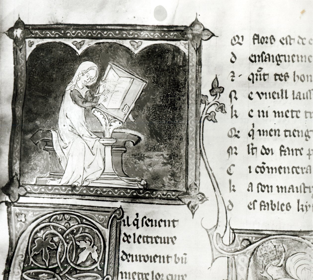 Ms.3142 fol.256 Marie de France (fl. 12. århundrede) skrift, fra en antologi med franske digte, ca. 1280-90 (detaljer) af French School