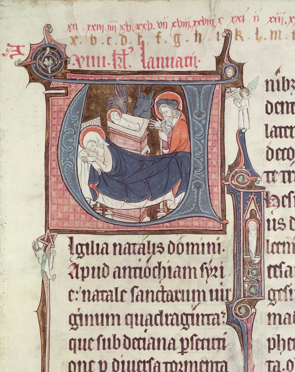 Ms.838 fol.55 Historikerede initialer U og I, der afbilder Fødselen og det spæde Kristus, fra Obituaire de Notre Dame de Pres, efter 1270 (se også 155905) af French School