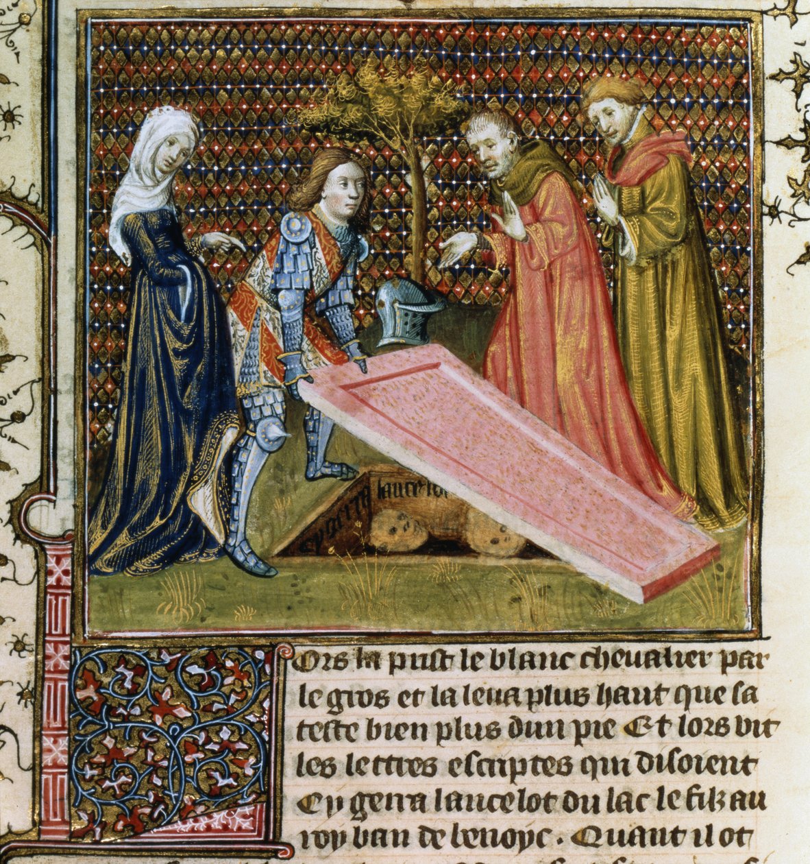 Ms.Fr.118 f.190 Lancelot løfter stenen fra sin egen forudbestemte grav og lærer hans navn og herkomst fra Livre de Messire Lancelot du Lac af French School