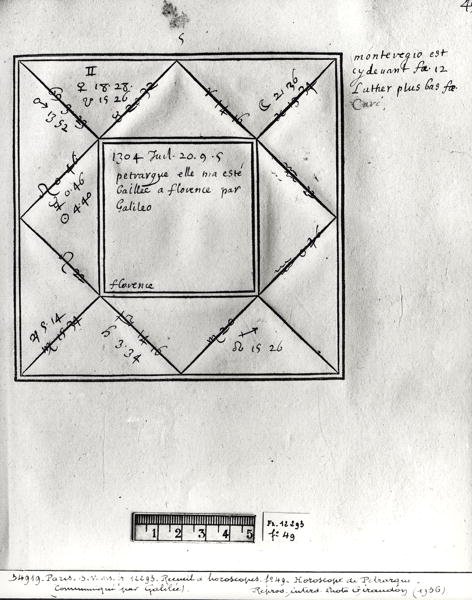 Ms.Fr.12293 fol.49 Horoscope of Petrarch (1304-74) af Galileo, fra en samling af horoskoper af figurer fra det 14. til 17. århundrede af French School