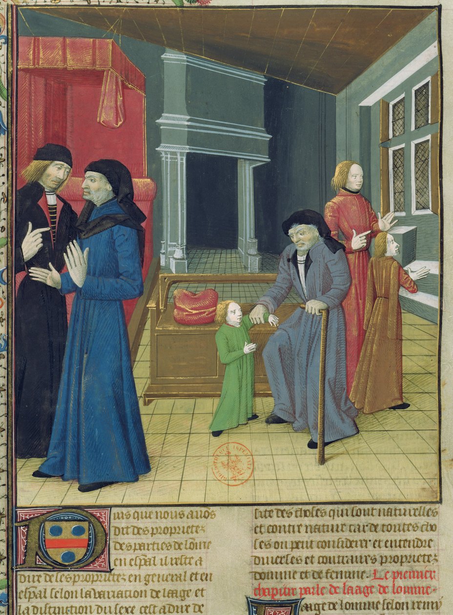 Ms.Fr.9140 fol.102v. Menneskets seks aldre fra Bogen om tingenes egenskaber af Barthelemy langlais af French School