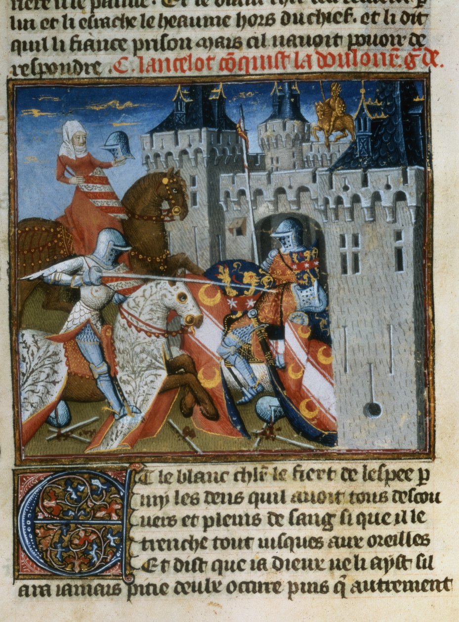Ms.Fr 118 f.189v Sir Lancelot erobrer Dolorous Garde ved hjælp af et nyt skjold givet til ham af Lady of the Lake, fra Livre de Messire Lancelot du Lac af French School