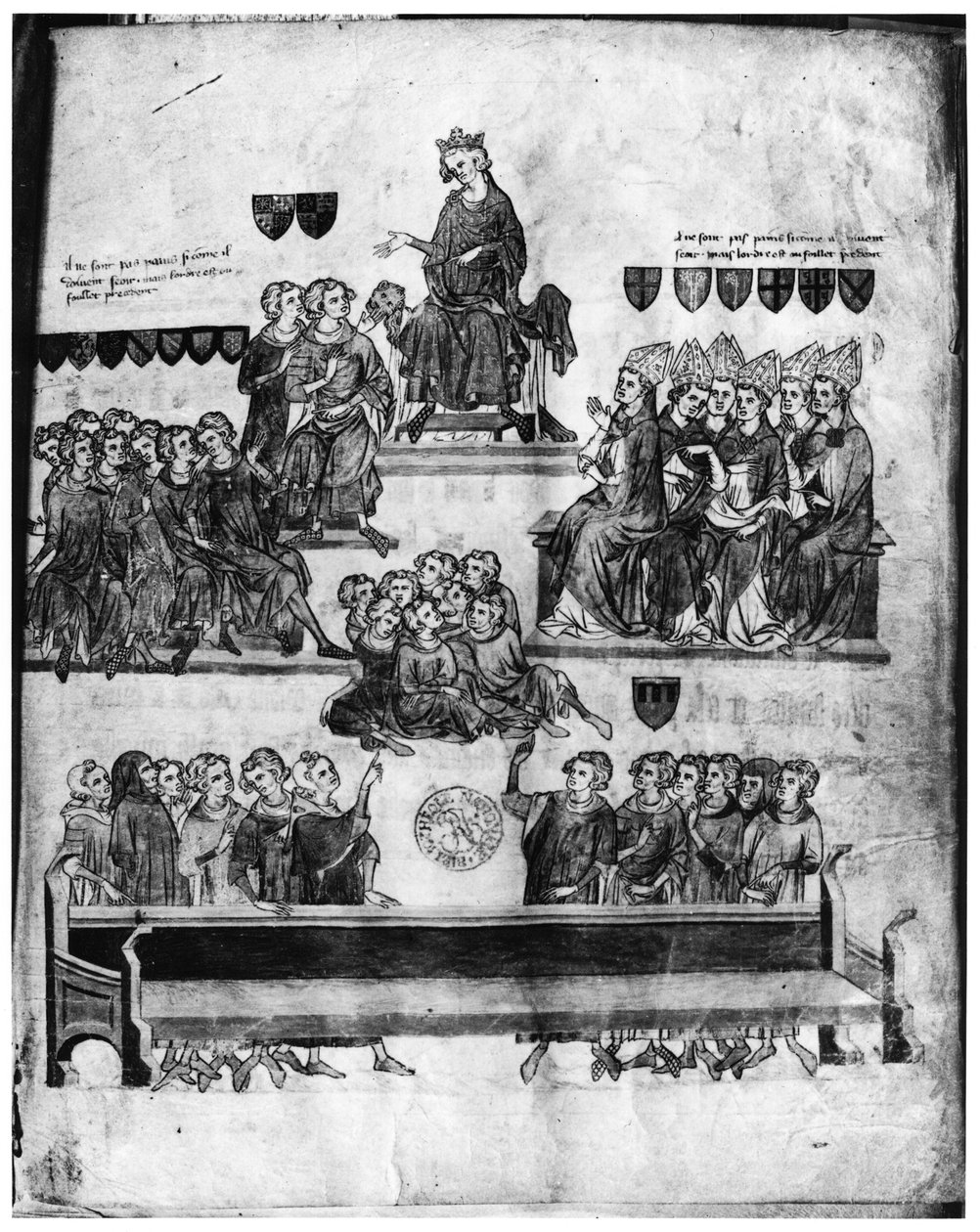 Fr. Fr. 18437 fol. 2 Court of the Peers ledet af Philippe VI (1293-1350) fra Proces de Robert III dArtois (1287-1342) comte de Beaumont, 1336 (se også 85900) af French School