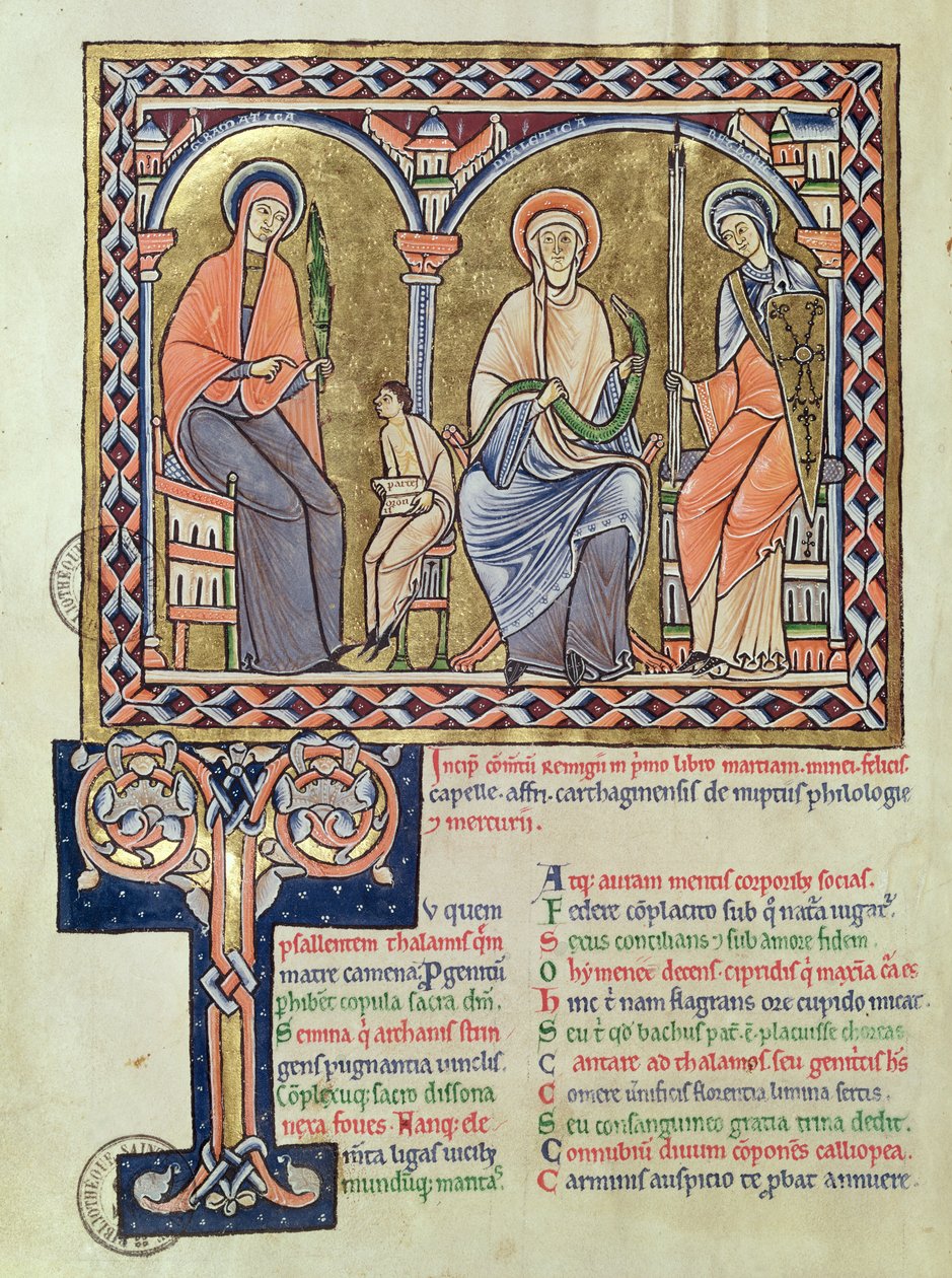 Ms 1041 f.1v Grammatik, dialekt og retorik fra Satyricon af Martianus Capella, ca. 1200 af French School