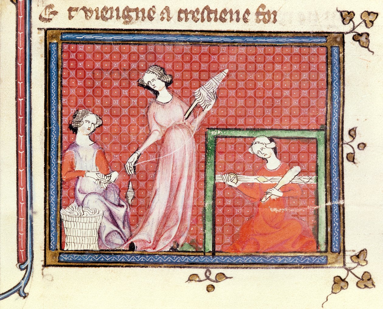 Ms 1044 fol.101 Skriftens stærke kvinde spinder med sine tjenere, fra Ovide Moralise skrevet af Chretien Legouais af French School