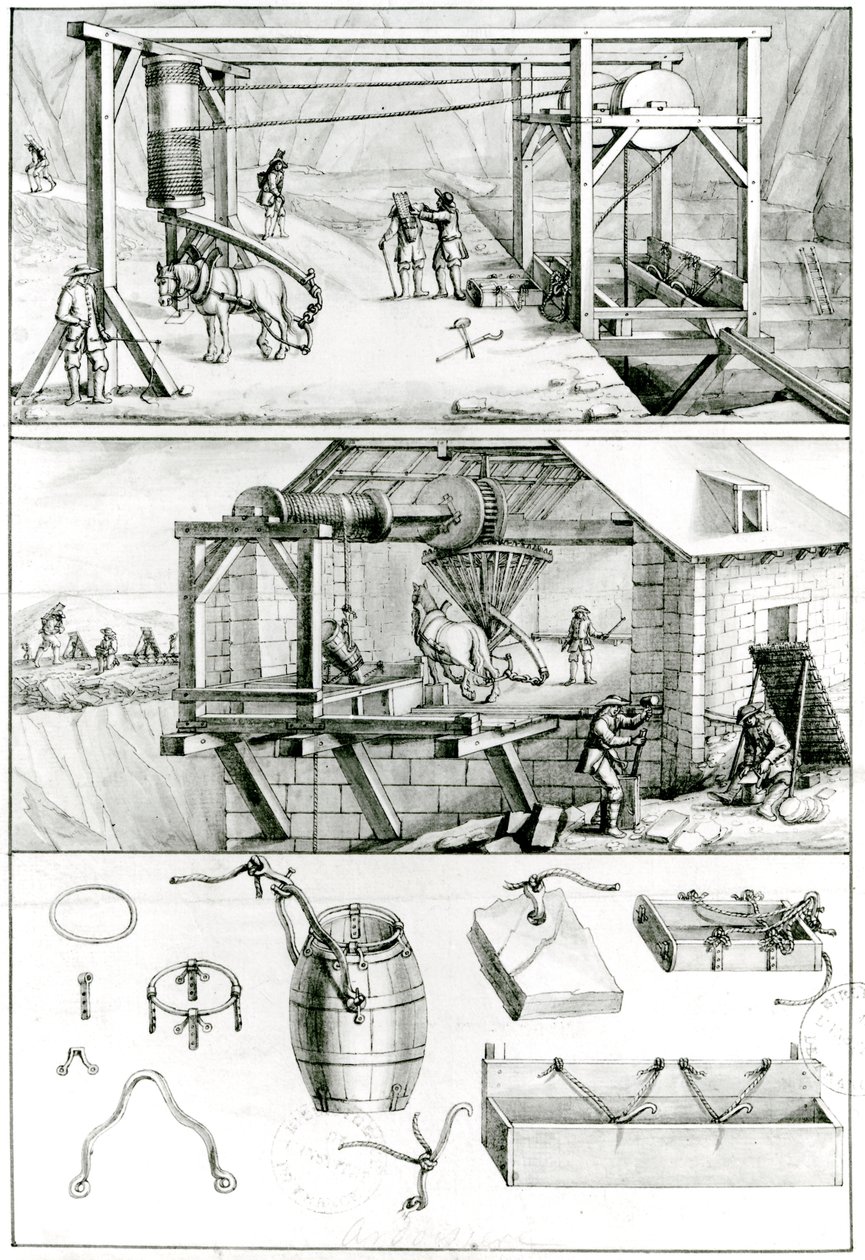 Ms 1064 fol.8 A Slate Quarry, fra Descriptions des Arts et Metiers af French School
