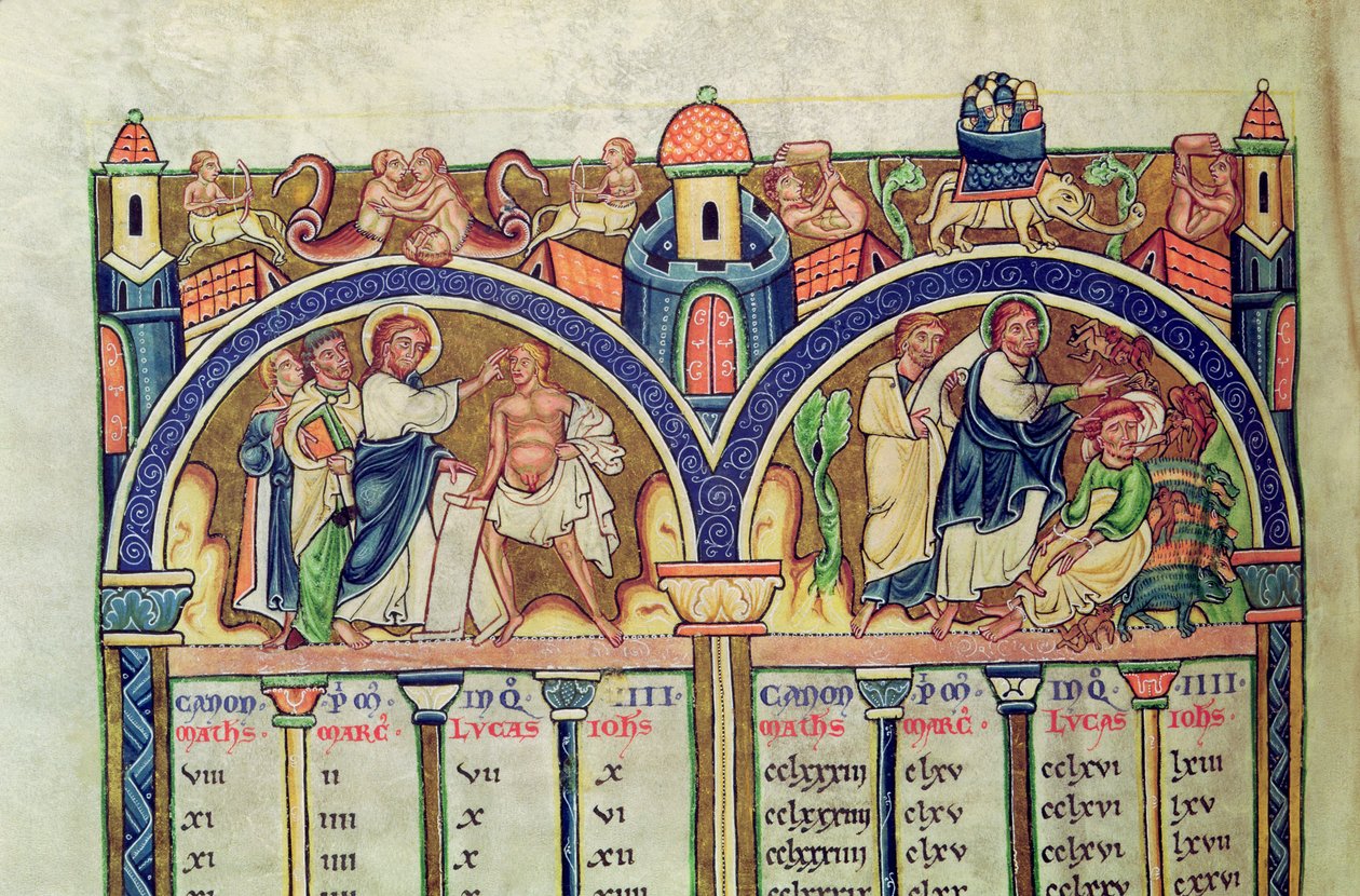Ms 10 f.128v Evangelisternes kanon, detalje, der skildrer Kristus, der helbreder manden med vatter og uddriver dæmoner fra en besat mand, fra en latinsk bibel af French School