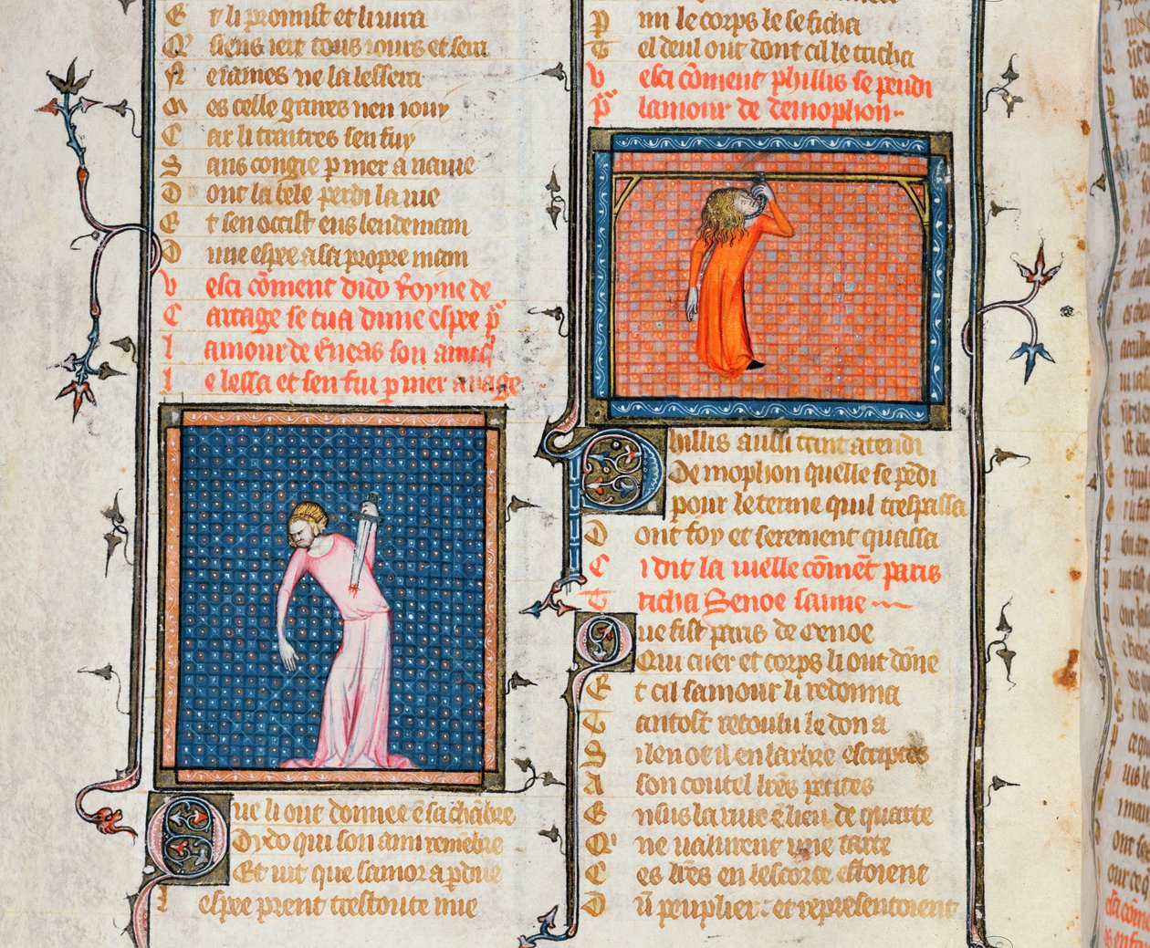 Ms 1126 Didos selvmord ved sværdet og Phyllis selvmord ved hængning, fra Le Roman de la Rose af Guillaume de Loris og Jean de Meung, ca. 1360-70 af French School