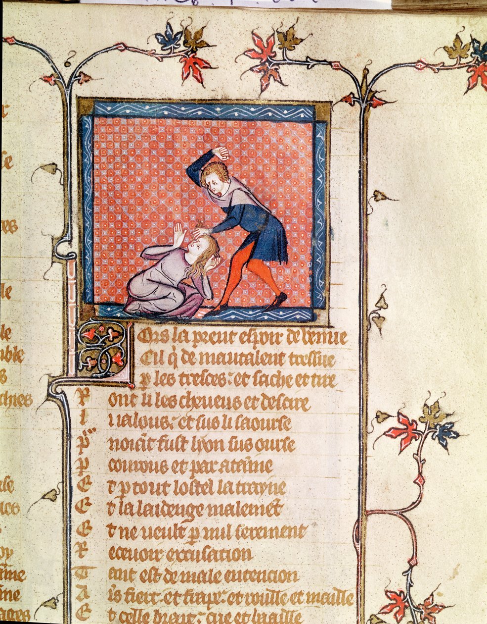 Ms 1126 f.66r Jalousiens vold, fra Roman de la Rose c.1487-95) af French School