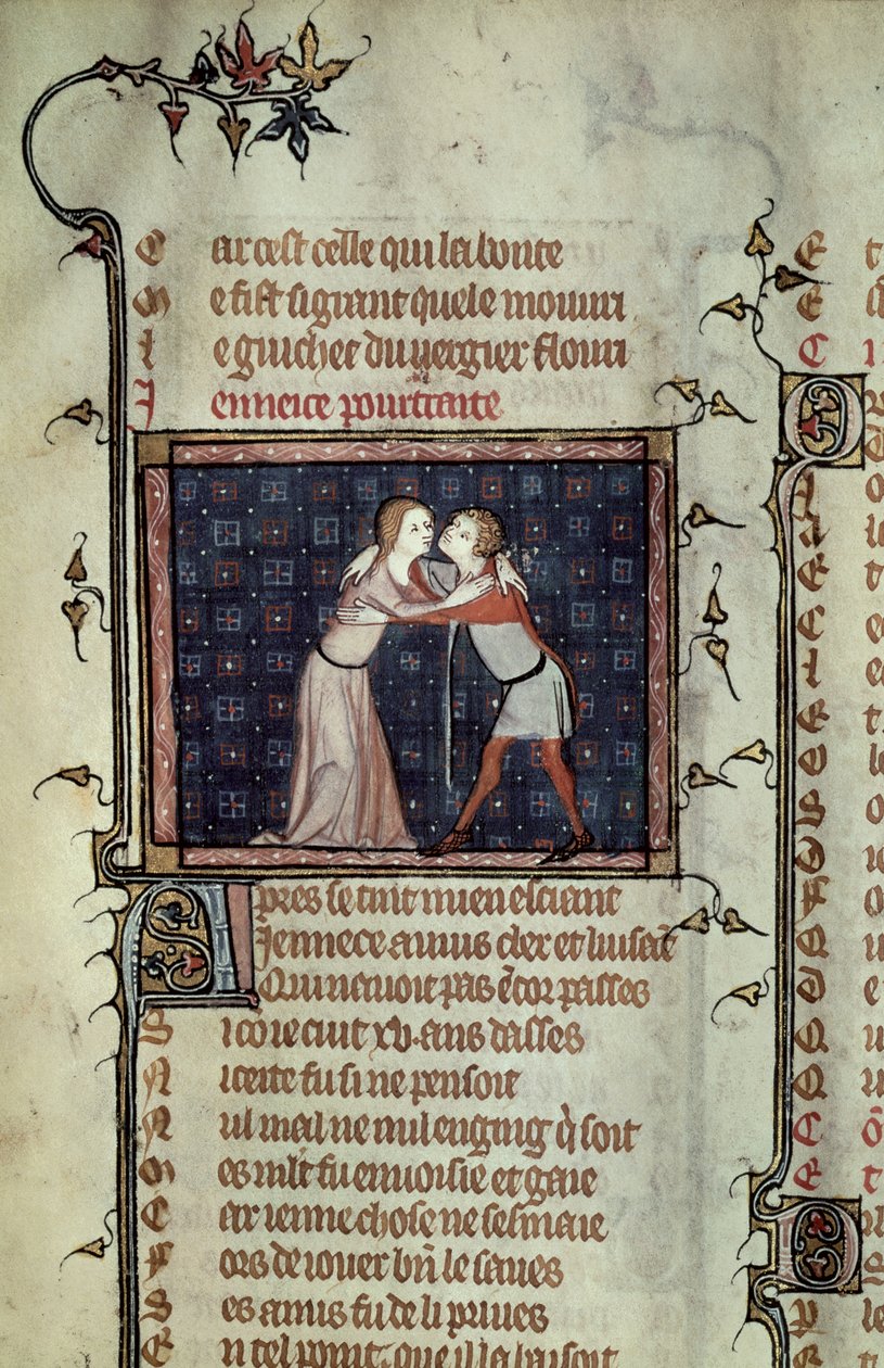 Ms 1126 fol.8r Youth and Love Embracing, fra Le Roman de la Rose af Guillaume de Loris og Jean de Meung af French School