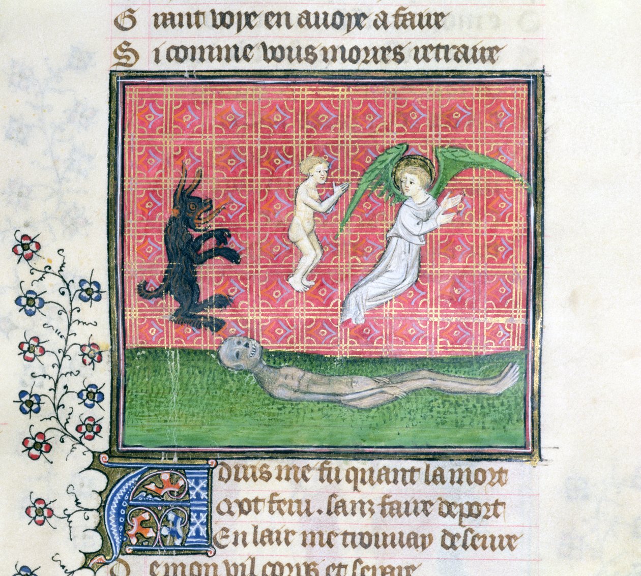 Ms 1130 Soul forlader kroppen ledsaget af en engel, miniature fra Le Livre des Proprietes des Choses af Barthelemy lAnglais af French School