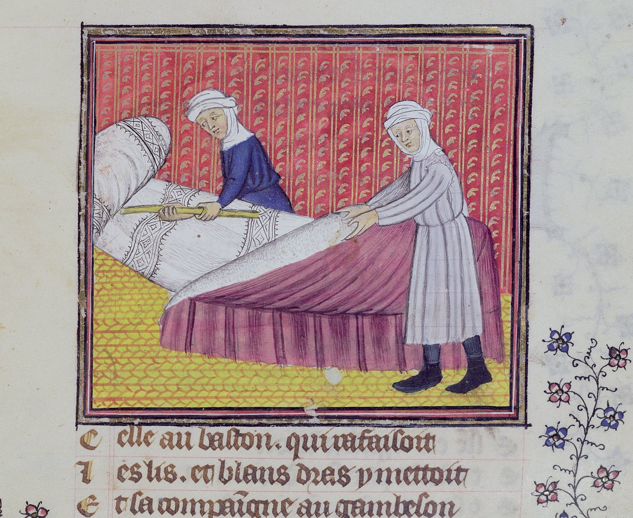 Ms 1130 fol.83r Chastity and Poverty at lave en seng, fra Le Roman des Trois Pelerinages af Guillaume de Digulleville af French School