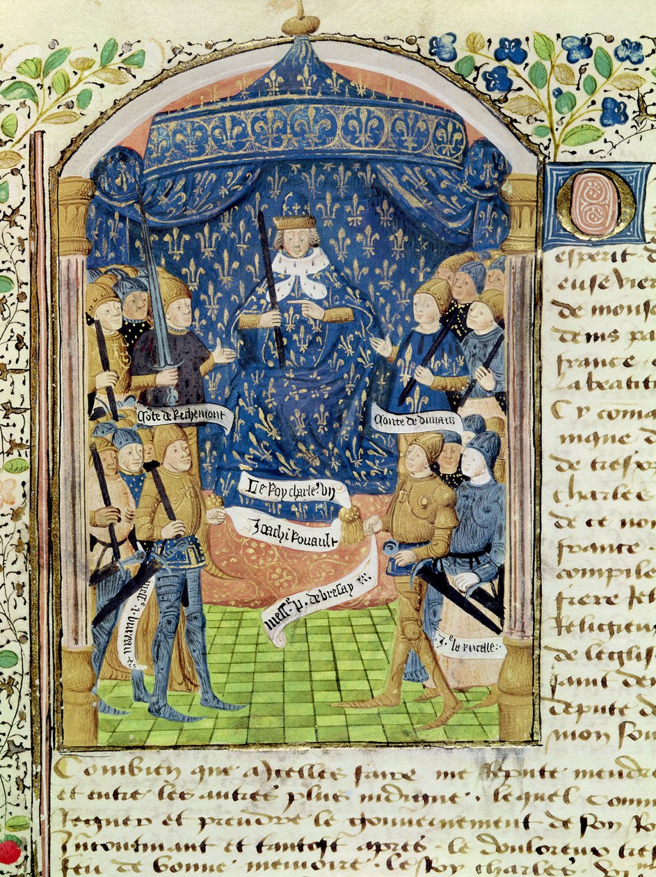 Ms 1151 f.1 Charles VII (1403-61) Omgivet af sit hof og Jeanne d
