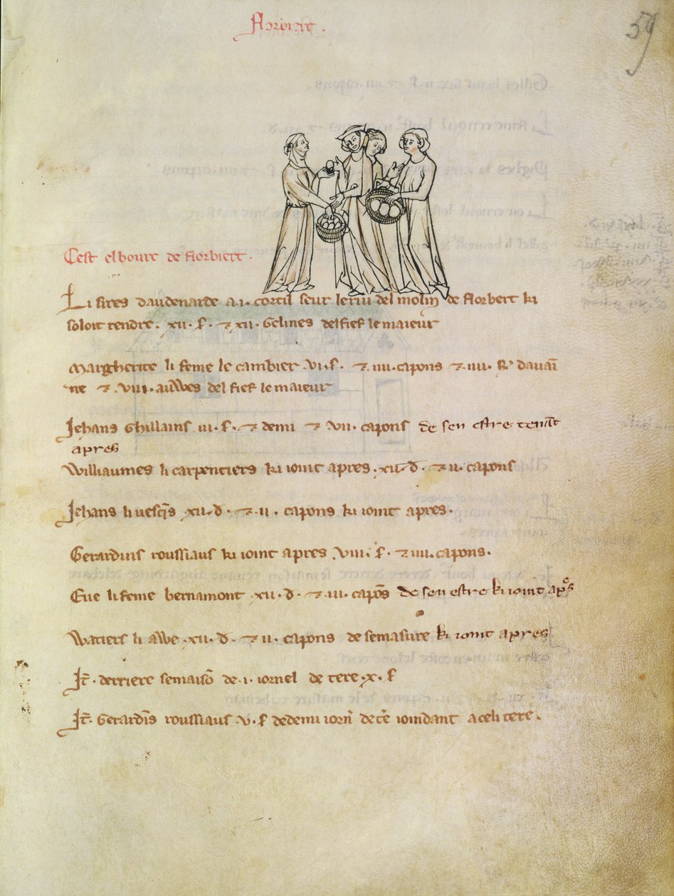 Ms 1175 f.59r kvinder køber æg, fra Vieil Rentier dAudenarde, 1291-1302 af French School
