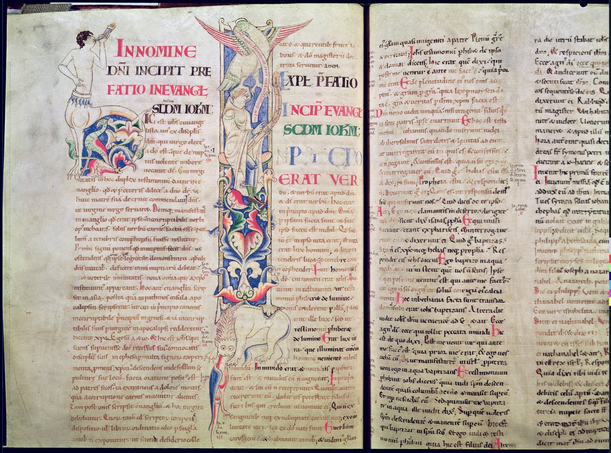 Ms 1215 t.4 f.56v Historikert initial H, der viser en kentaur, og historisk initial I, der forestiller Johannes-ørnen, der gør kætteren Arius til tavshed, fra Johannesevangeliet, St. Etienne Hars bibel af French School
