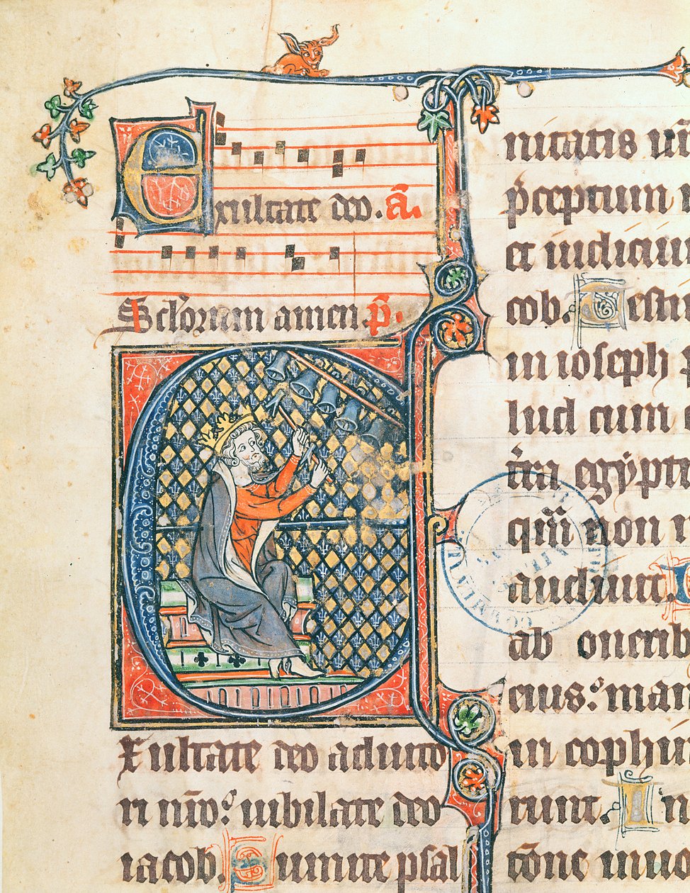 Fru 124 f. 83 Historik forbogstav, der viser kong David, der spiller et klokkespil, illustration fra en psalter af French School