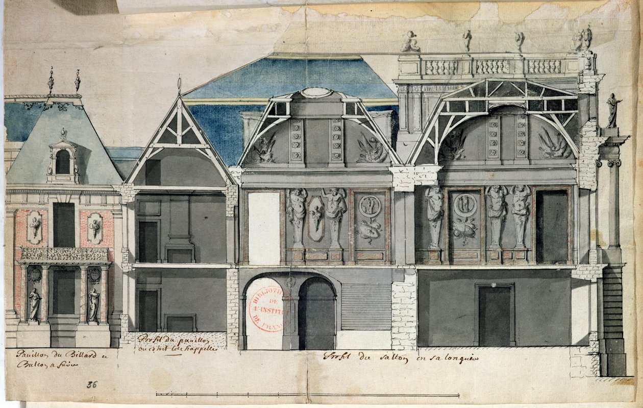 Ms 130736 Tværsnit af en fløj af Chateau de Versailles konstrueret af Louis Le Vau ((1612-70) (wc på papir) af French School