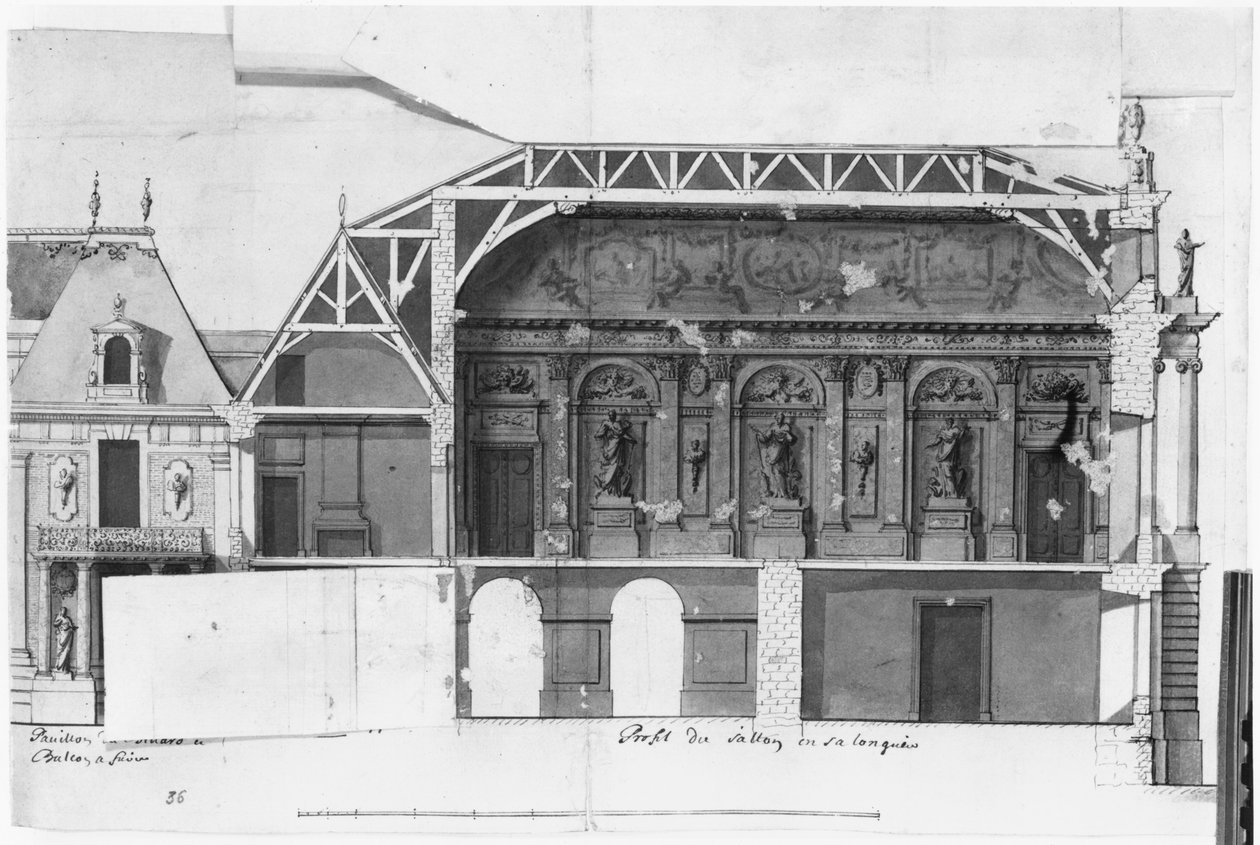 Ms 130736 Syd-nordlige tværsnit af Grand Salon og Salle de Diane i Chateau de Versailles konstrueret af Louis Le Vau ((1612-70) (wc på papir) af French School