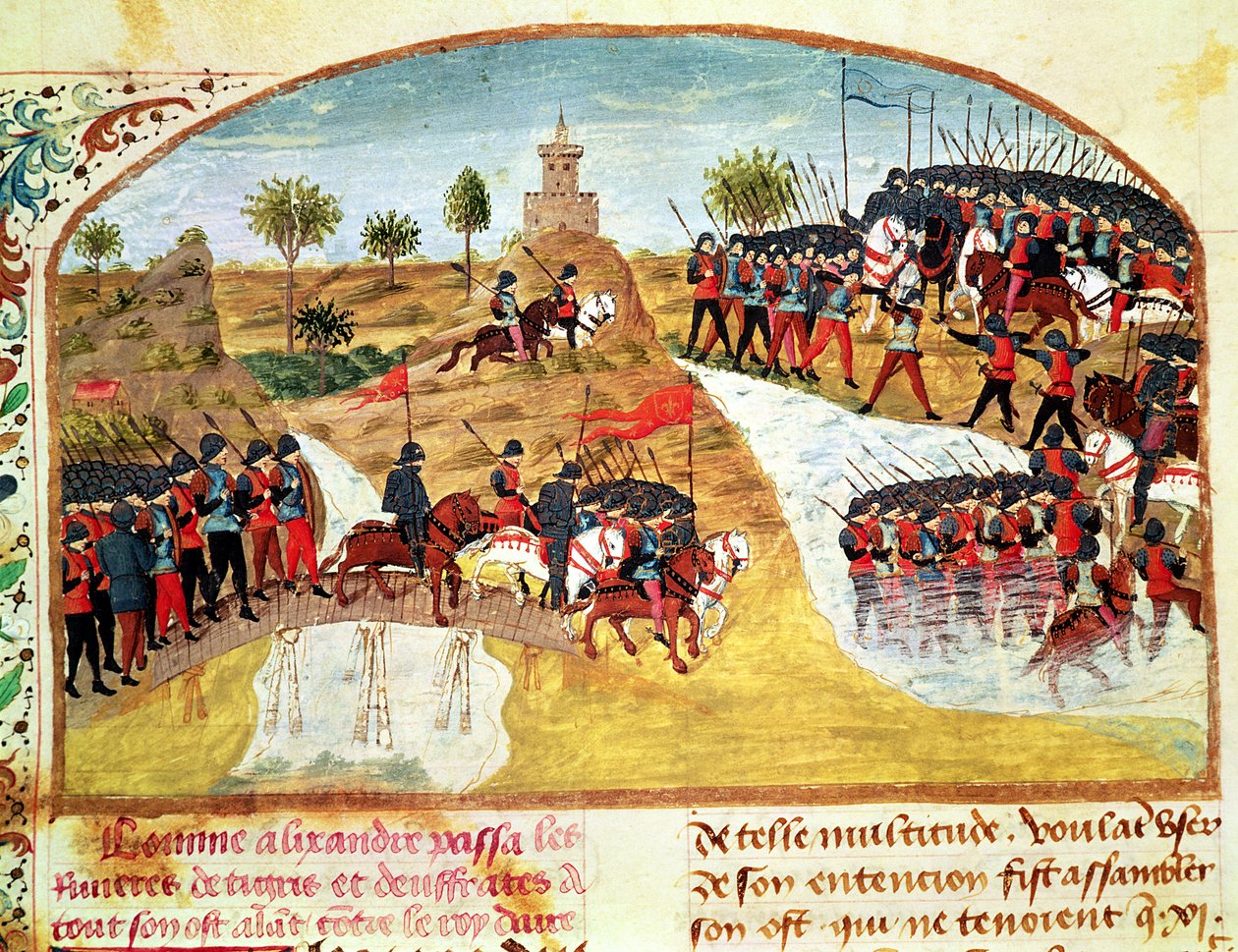 Ms 1335 f.62v Hvordan Alexander den Store (356-323 f.Kr.) krydsede Tigris og Eufrat, fra Vie dAlexandre le Grand af French School