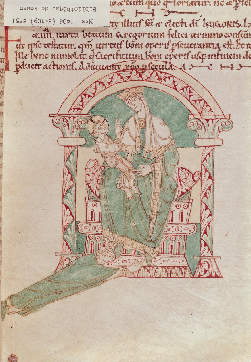 Ms 1408 fol.51 Jomfru og barn med Skt. Gregor den Store (540-604) fra Sermons et Vies de Saints af French School