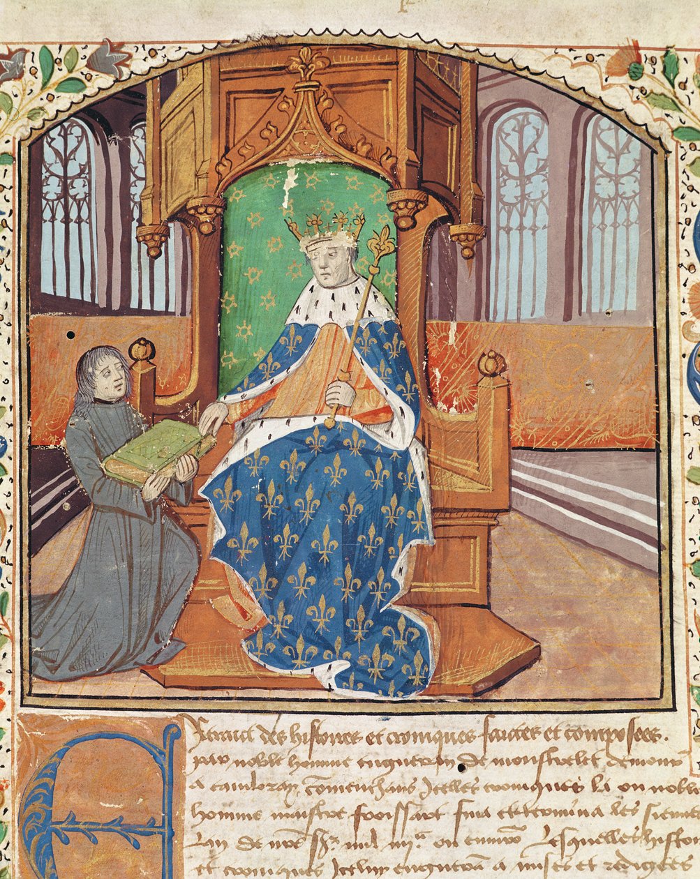 Ms 1468 fol.1 Forfatteren tilbyder sin bog til kong Charles VII, fra Les Chroniques de Monstrelet af French School