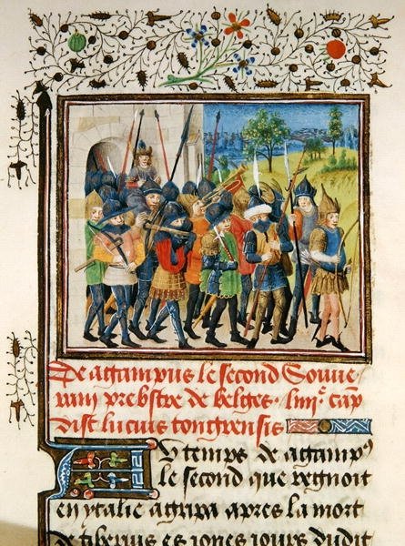 Ms 149 t.1 fol. 45 En hær på felttog, fra Histoire des Nobles Princes de Hainaut, af Jacques de Guise af French School
