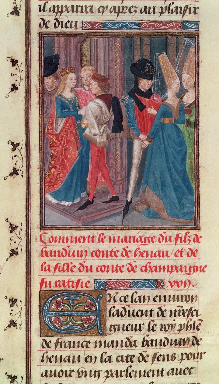 Ms 149 t.3 fol.105 Ægteskab mellem Baldwin VI og Marie, datter af greven af Champagne, fra Histoire des Nobles Princes de Hainaut, af Jacques de Guise af French School