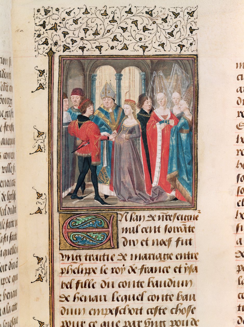 Frk. 149 t.3 fol.88 Ægteskabet mellem Philippe Auguste (1165-1223) konge af Frankrig og Isabelle af Hainault, datter af grev Baudouin af French School