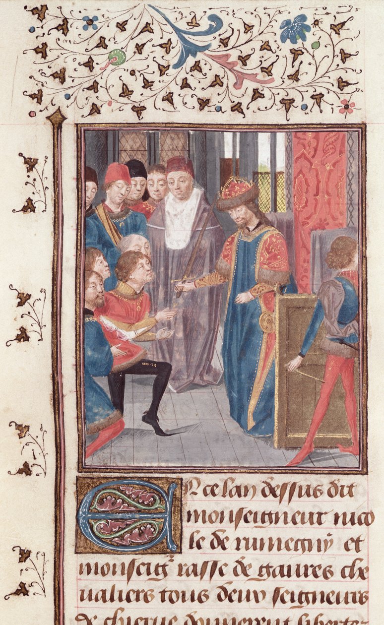 Ms 149 t.3 fol.95v Udnævnelse af to riddere, fra Histoire des Nobles Princes de Hainaut, af Jacques de Guise af French School