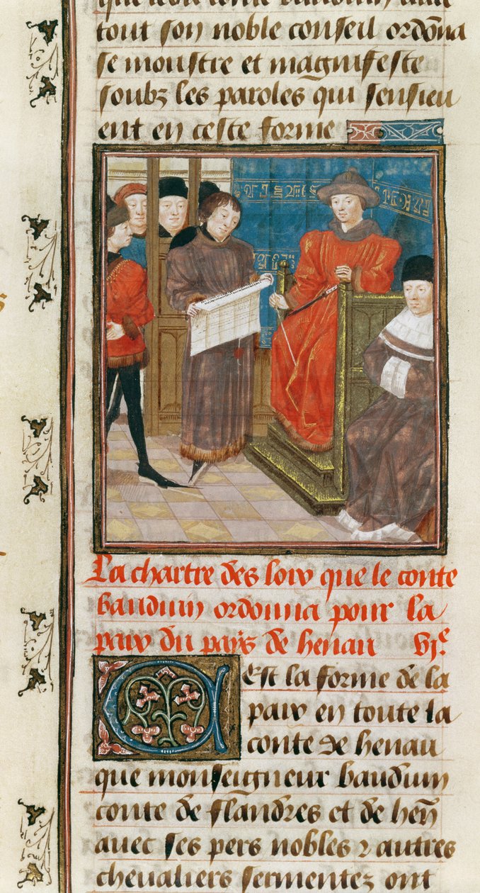 Ms. 149t.3 fol.175 v Charteret for de love, som grev Baudouin VI af Hainault beordrer til fred i landet Hainault af French School