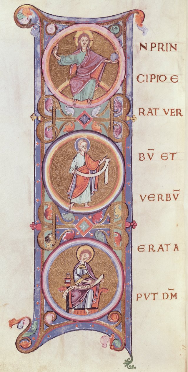Ms 14 fol.60v Historikert initial I, der skildrer begyndelsen af Johannesevangeliet af French School