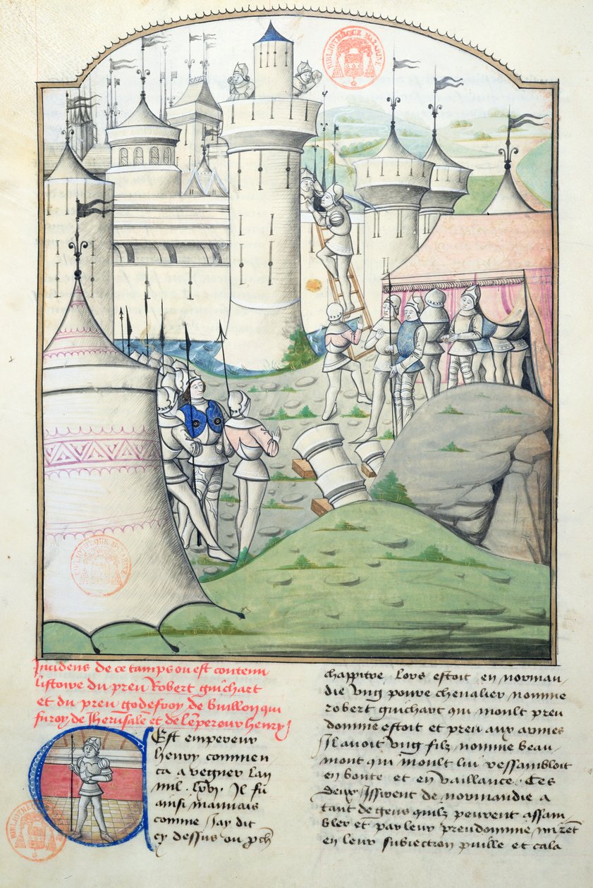 Ms 1560 Capture of Jerusalem i 1099 af Godfrey de Bouillon og korsfarerne under det første korstog, miniature fra Fleur des Histoires af French School
