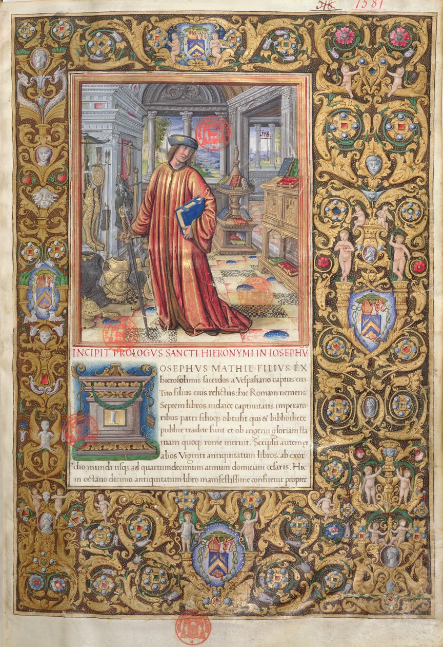 Fru 1581 f. 001 Flavius Josephus i sit studie, illustration til Prolog of the Antiquities of the Jews (Antiquitates Judaicae) af Flavius Josephus, ca. 1503 af French School