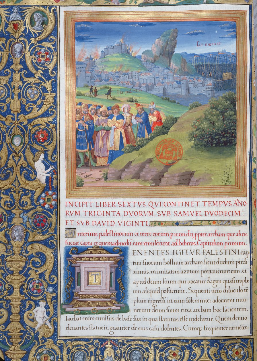 Fru 1581 f. 108v Illustration fra bog VI (Fra Elis død til Sauls død), kapitel 1 i jødernes oldsager (Antiquitates Judaicae) af Flavius Josephus - Ødelæggelsen, der kom af French School