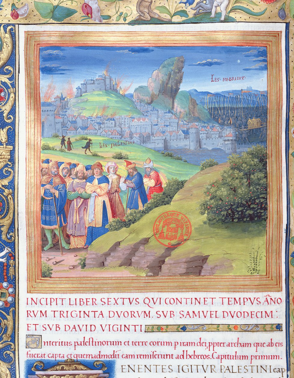Fru 1581 f. 108v Illustration fra bog VI (Fra Elis død til Sauls død), kapitel 1 i jødernes oldsager (Antiquitates Judaicae) af Flavius Josephus - Ødelæggelsen, der kom af French School